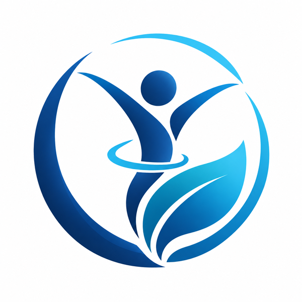Blue icon of a figure with a leaf inside a circle, representing healthy living