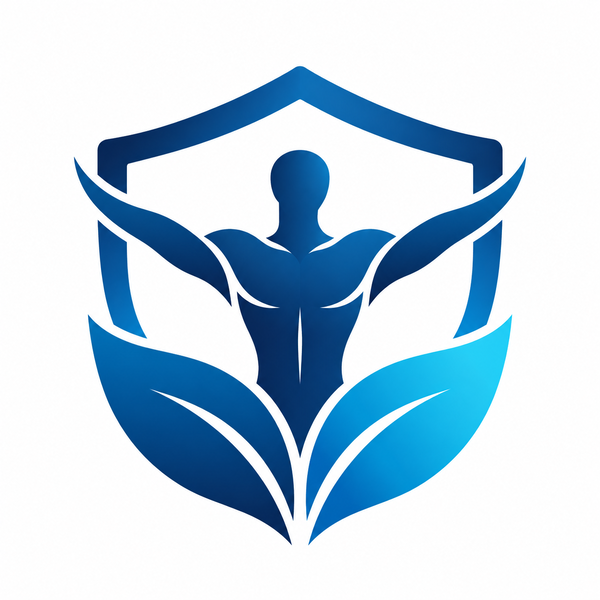 Blue icon of a figure within a shield and leaves, representing men's wellness education